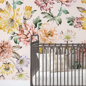 Removable WALLPAPER VIRGINIA PINK Watercolor Flowers Romantic Floral Girl Nursery Wall Peel and Stick Removable Self Adhesive Fabric 0136