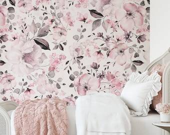 Pink Floral Bedroom Wallpaper Peel and Stick, Watercolor Peony Wallpaper, Romantic Cottage Wall Decor ROSIE 0191-52