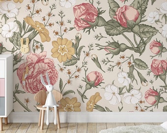 REMOVABLE WALLPAPER Anastasia PREPASTED Vintage Wallpaper, Botanical Wallpaper, Antique Girls Nursery Wall Mural Romantic Wallpaper 0174