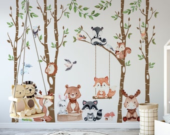 Woodland Décor 4 Trees Nursery Baby Wall Decals 9 Animals 6 birds Swing set Forest CUTE BABY Animals Fox Bear Deer Moose Raccoon Hedgehog