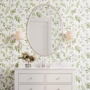 Farmhouse Wallpaper Neutral Nursery, Eucalyptus Fern Sage Wallpaper, Removable Peel & Stick Fabric WALLPAPER Caroline SMALL Greens 0160 S