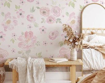 REMOVABLE WALLPAPER Bella M CANVAS Peel & Stick Pink Wallpaper Watercolor Floral Wallpaper Girls Nursery Wall Mural Romantic Wallpaper 0134M