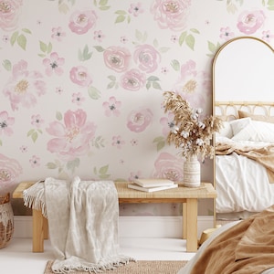 REMOVABLE WALLPAPER CANVAS | Peel & Stick Pink Wallpaper, Watercolor Floral Wallpaper, Girls Nursery Wall Mural, Romantic Wallpaper 0134-52
