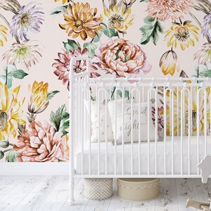 Removable WALLPAPER VIRGINIA PINK Watercolor Flowers Romantic Floral Girl Nursery Wall Peel and Stick Removable Self Adhesive Fabric 0136