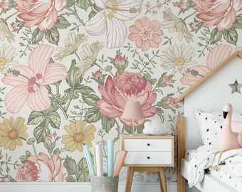 Pink Floral Bedroom Wallpaper, Botanical Wallpaper Mural, Vintage Wallpaper OLENA 0131-78