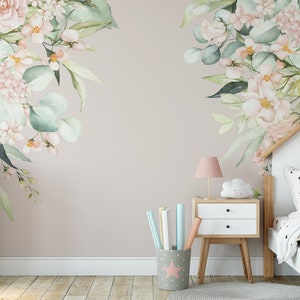 KATIE Wall Mural CORNERS Roses Flowers Nursery Décor Wall Decals Peonies Watercolor Floral Wallpaper Girl Nursery Removable Airy Mural