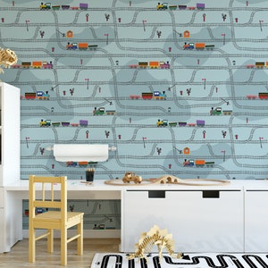 Trains Blue HARBOR Wallpaper Boys Bedroom Nursery Wall Mural Kids Custom Removable Self Adhesive Fabric Wallpaper Easy Install Wall Mural