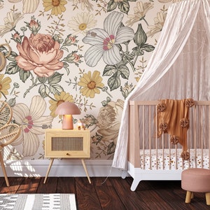 Removable WALLPAPER CAMILA LARGE Vintage Flowers Eclectic Floral Girl Nursery Wall Peel and Stick Removable Self Adhesive Fabric