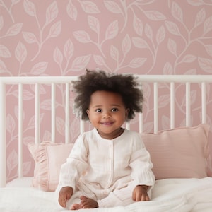 Peel and Stick Fabric, Removable WALLPAPER, Botanic Wallpaper, Pink Wallpaper, Girl Nursery, Minimalist Nursery, Leaf Wallpaper, ISLA 0395