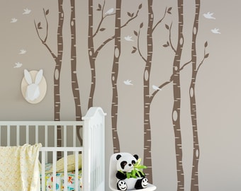 6 RIVER BIRCH Trees Wall Decal Forest Nursery Birds Vinyl Sticker Woodland Nursery Baby Bedroom