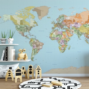 Removable Peel & Stick Wallpaper WORLD ATLAS Political MAP Mural Wall Decal Geography Wallpaper Vintage Map Décor Modern Countries Mercator
