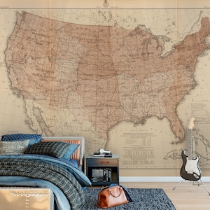 Peel and Stick Fabric Wall Mural Vintage 1889 AMERICA MAP Wall Sticker Removable Wallpaper Vintage Map Décor United States American Map
