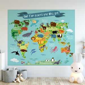 Oh! The Places you will go! Abnehmbares Wandbild WELTATLAS KARTE Abziehen und aufkleben Abnehmbare Tapete Wandbild Kinder süße Tiere Kinder Karte