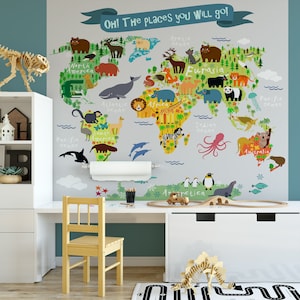 Oh! The Places you will go! Wall Mural Kids WORLD ATLAS MAP with Animals Wall Fabric - Vinyl Decal Wallpaper Children Map Continents Decor 3