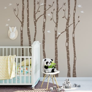 Removable Wall Decals Whimsical Nursery | 6 Birch Trees Wall Decal, Forest Nursery Decor, Birds Vinyl Sticker Woodland Nursery Baby Bedroom