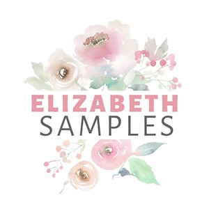 May include: A watercolor floral design with pink, white, and green flowers. The text "ELIZABETH SAMPLES" is in the center of the image.