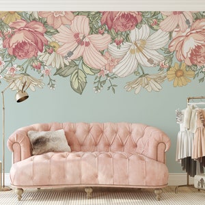 OLENA Border Floral Nursery Wall Decals Vintage PINK Flowers Wall Stickers Roses Hibiscus Peonies Antique Floral Garden Décor Baby Girls