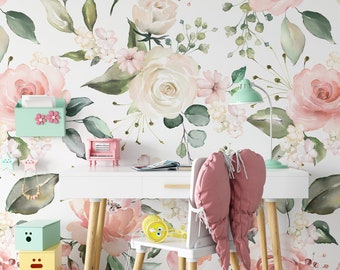 REMOVABLE WALLPAPER Emily PREPASTED Rose Vintage Wallpaper, Botanical Wallpaper, Antique Girls Nursery Mural Romantic Pink Wallpaper 0177