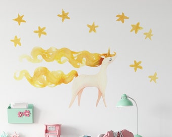 Golden Hair UNICORN and Stars Nursery Decor 3 sizes Wall Art Wall Decals Stickers Unicorn Stickers Watercolor Many Unicorns