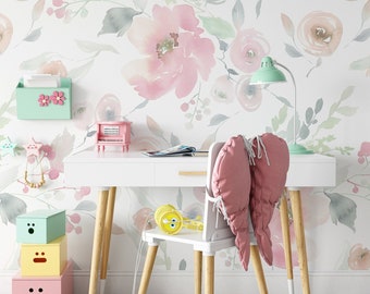 Removable WALLPAPER ELIZABETH Pink Girl Floral Nursery Mural Watercolor Flowers Fabric Peel & Stick Removable Self Adhesive Fabric 0133