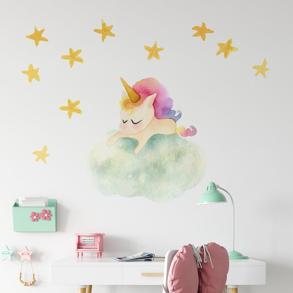 BABY UNICORN Sleeping on Cloud and Stars Nursery Decor Wall Art Wall Decals Stickers Unicorn Stickers Watercolor Baby Unicorns