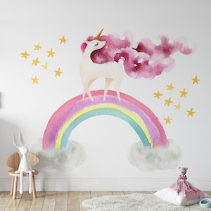 Pink Hair UNICORN on Rainbow and 10 Stars Nursery Decor Wall Art Wall Decals Stickers Unicorn Stickers Watercolor Baby Unicorns