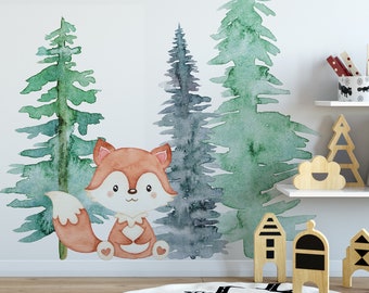 Fox Nursery Orange Baby Fox in the Pine Forest Wall Decal Watercolor Fox Sticker Peel and Stick wall decor Woodland Nursery Forest Animals