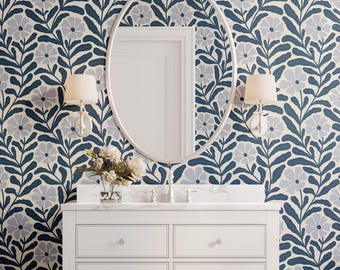 Abstract Navy Blue Bathroom Wallpaper, Modern Floral Wallpaper, Removable Wallpaper 0402-26