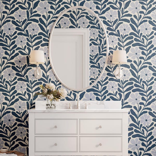 Abstract Navy Blue Bathroom Wallpaper, Modern Floral Wallpaper, Removable Wallpaper 0402-26