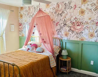 Premium Peel Stick Fabric Wallpaper, Vintage Floral Girls Bedroom Wallpaper for Board and Batten Walls CAMILA 0130-52