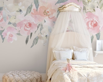 DELANEY MAE Blush Pink Nursery Flower Decor REMOVABLE Wall Decals Blooms Peonies Watercolor Floral Mural Decor Baby Girl Pink Peony