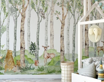 Removable WALLPAPER WESTON Seamless Large Scale Boy Nursery Watercolors Woodland Scenic Wallpaper Peel and Stick Fabric Repositionable 0249