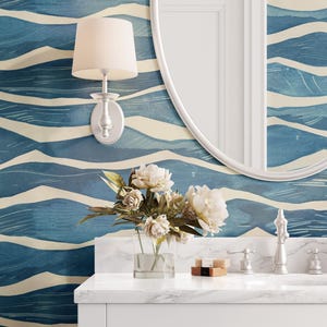 Wallpaper Peel and Stick Wallpaper Abstract Blue Waves, Removable CANVAS Wallpaper, Coastal Decor, Beach Wallpaper, Ocean Wallpaper 0341-52