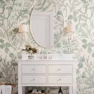 Eucalyptus Fern Sage Wallpaper - Farmhouse Wallpaper, Neutral Nursery, Removable Peel & Stick CANVAS Green Botanical Toile Wallpaper 0410-78
