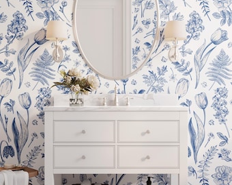 Blue Botanical Bathroom Wallpaper, French Country Toile Wallpaper, Peel and Stick Wallpaper 0062-78
