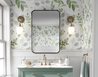 Removable Peel & Stick Fabric WALLPAPER | Greens Neutral Nursery, Boys or Girls Decor, Fern Eucalyptus Greenery, Farmhouse Mural 0160-26