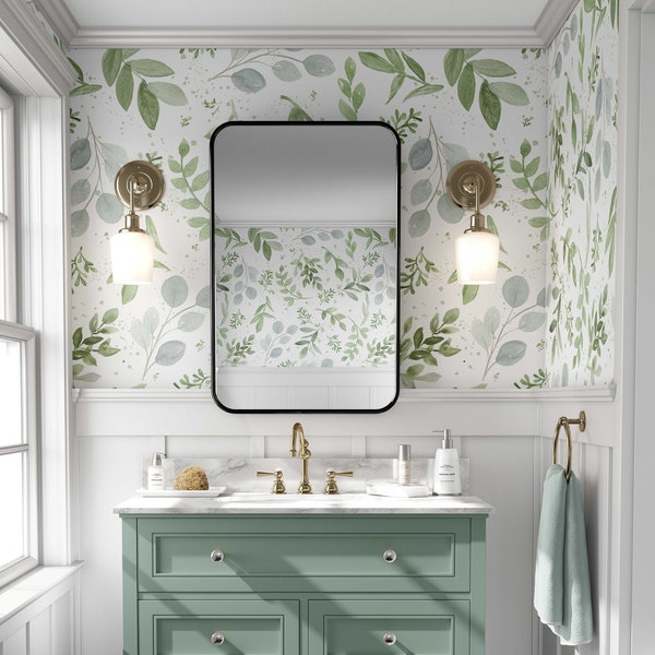 Bathroom Wallpaper Peel and Stick | Eucalyptus Sage Green Wallpaper | Farmhouse Botanical Wall Paper 0160-26