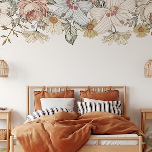CAMILA Slim Wall Decal BORDER Floral Nursery Vintage Flowers Removable Wall Mural Roses Hibiscus Peonies Retro Floral Wallpaper Bedroom