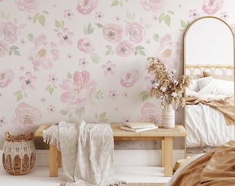 REMOVABLE WALLPAPER Bella M PREPASTED Pink Wallpaper, Watercolor Floral Wallpaper Girls Nursery Wall Mural Romantic Wallpaper 0134M