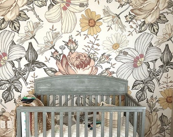 Removable WALLPAPER CAMILA LARGE Vintage Flowers Eclectic Floral Girl Nursery Wall Peel and Stick Removable Self Adhesive Fabric