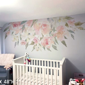 DELANEY JANE Blush Pink Nursery Wall Decals Flowers Removable Wallpaper Blooms Peonies Watercolor Floral Girls Baby Room Baby Pink Peony