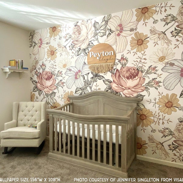 Removable WALLPAPER CAMILA LARGE Vintage Flowers Eclectic Floral Girl Nursery Wall Peel and Stick Removable Self Adhesive Fabric 0130