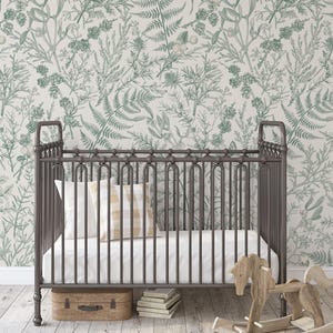 Farmhouse Wallpaper, Neutral Nursery, Eucalyptus Fern Sage Wallpaper, Removable Peel & Stick Fabric Green Botanical Toile Wallpaper 0410-52