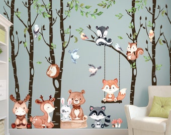 Peel & Stick FABRIC Woodland Neutral Nursery Décor 6 Birch Trees Forest CUTE BABY Woodland Animals, Peel and Stick Wall Decals,Fox Bear Deer
