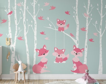 PINK FOX Family Woodland Nursery Décor Wall Vinyl Decal 6 River Birch Nursery Trees 2 Baby Mom Dad Foxes Swings from Branch