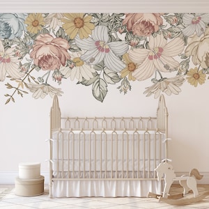 Floral Nursery Removable Vinyl Fabric Wall Decals CAMILA Border Vintage Flowers Wall Stickers Roses Hibiscus Peonies  Floral Décor Baby Girl