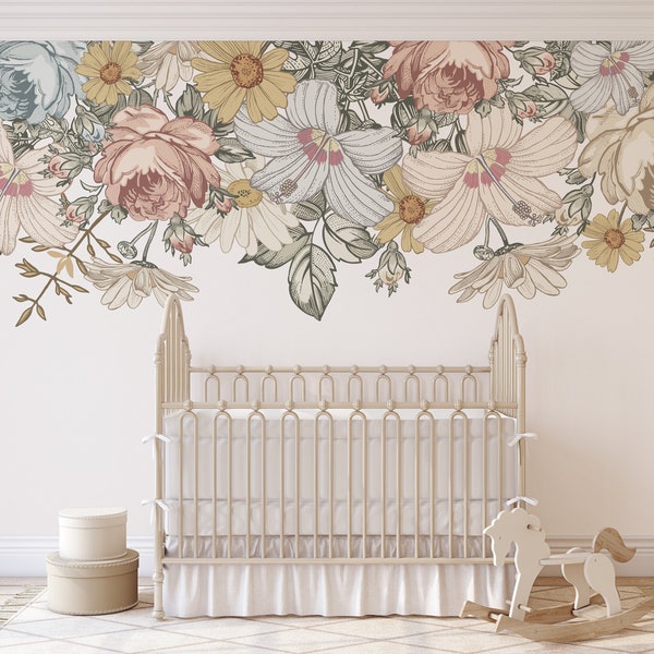 Floral Nursery Removable Vinyl Fabric Wall Decals CAMILA Border Vintage Flowers Wall Stickers Roses Hibiscus Peonies  Floral Décor Baby Girl