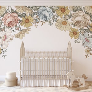 Peel and Stick CAMILA NURSERY CANOPY New Vintage Floral Nursery Removable Wall Decals Roses Hibiscus Retro Floral Wallpaper Botanical Mural