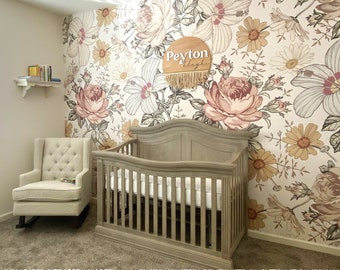 Removable WALLPAPER CAMILA LARGE Vintage Flowers Eclectic Floral Girl Nursery Wall Peel and Stick Removable Self Adhesive Fabric 0130