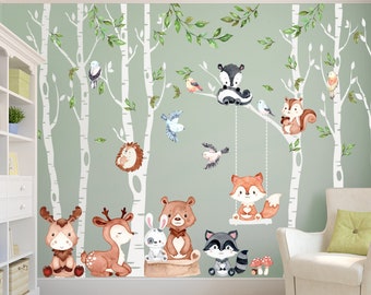 Woodland Nursery Décor 6 VINYL Birch Trees 15 FABRIC Animals Cute Critters Forest Wall Decals Swing Fox Bear Deer Moose Raccoon Hedgehog